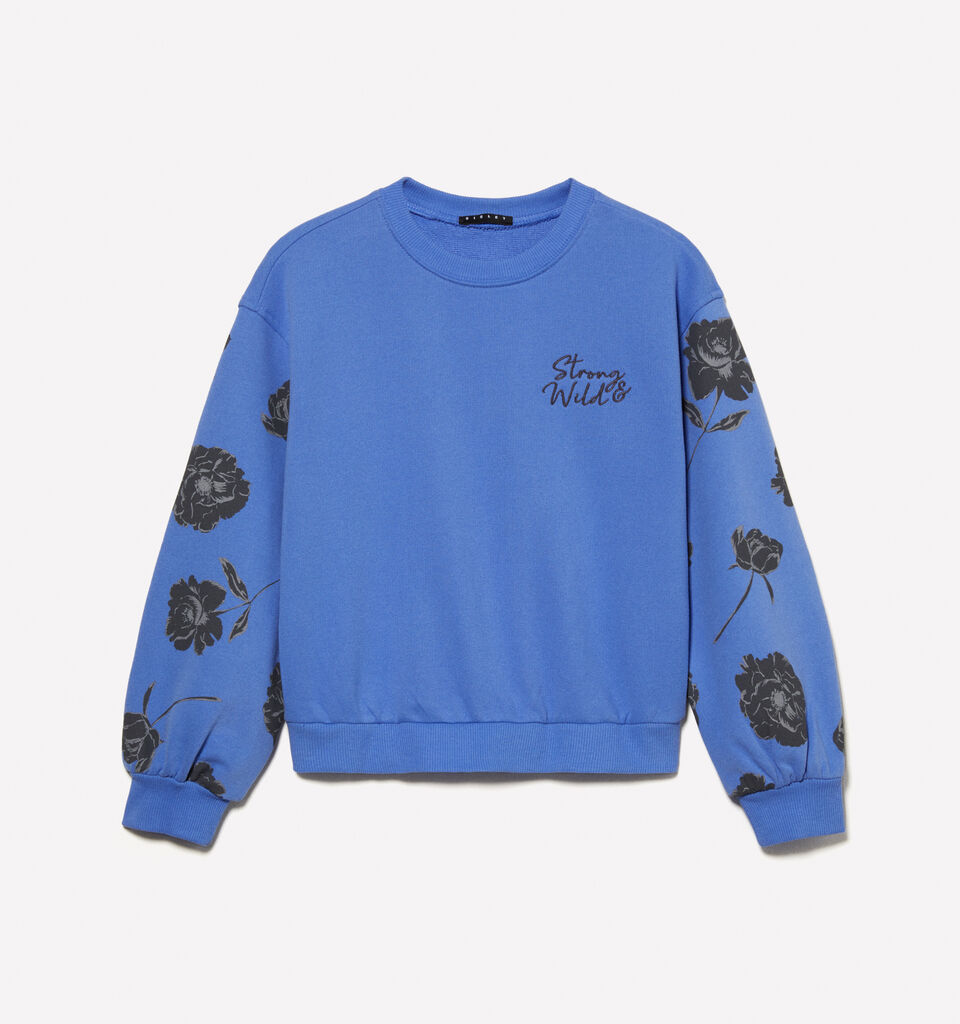 Lilac cropped sweatshirt with floral print and embroidery - girls' knitwear - Blue | Sisley Young image number 1